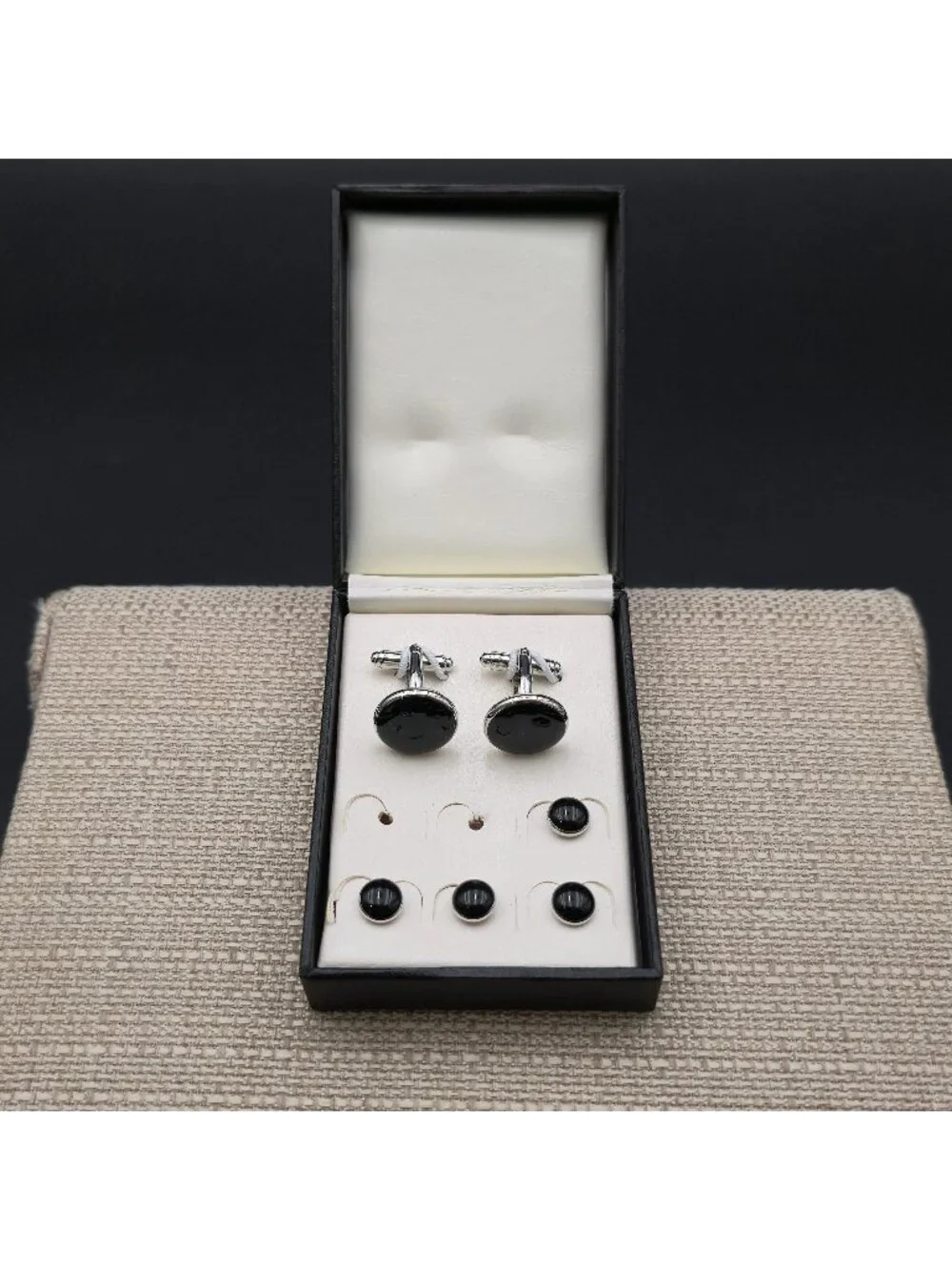 Classic Black Onyx Tuxedo Cufflinks and Studs Set with Silver Trim B1326